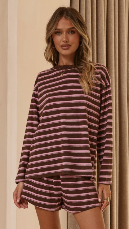 Harla Long Sleeve Top & Shorts Set - Pink/Brown Stripe