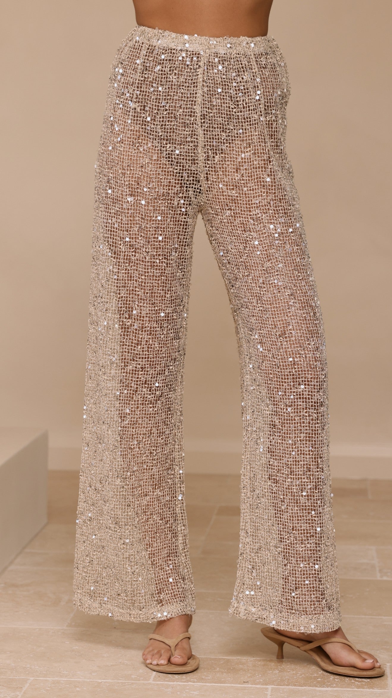 Zarina Sequin Long Line Top and Pants Set - Beige