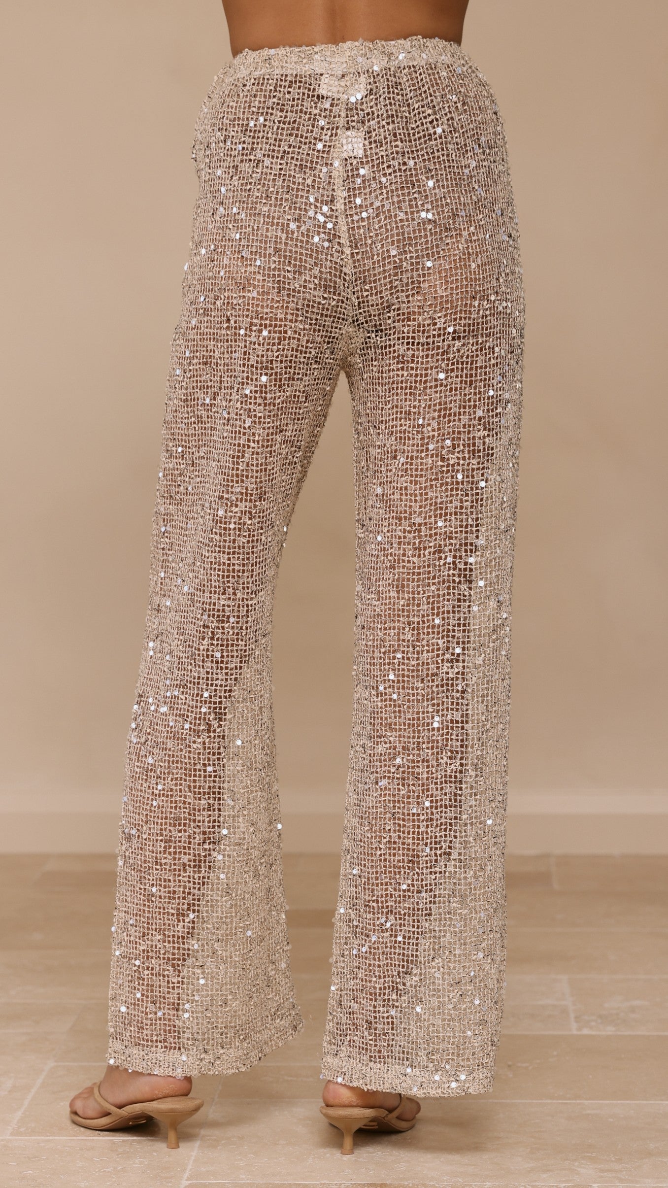 Zarina Sequin Long Line Top and Pants Set - Beige