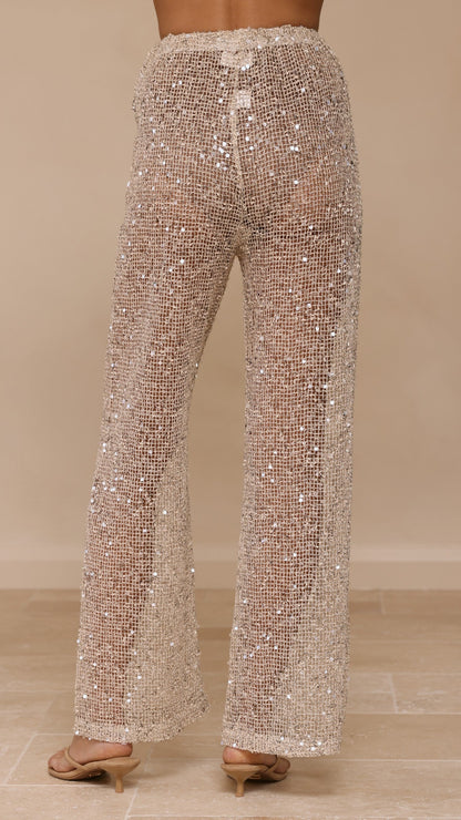 Zarina Sequin Long Line Top and Pants Set - Beige