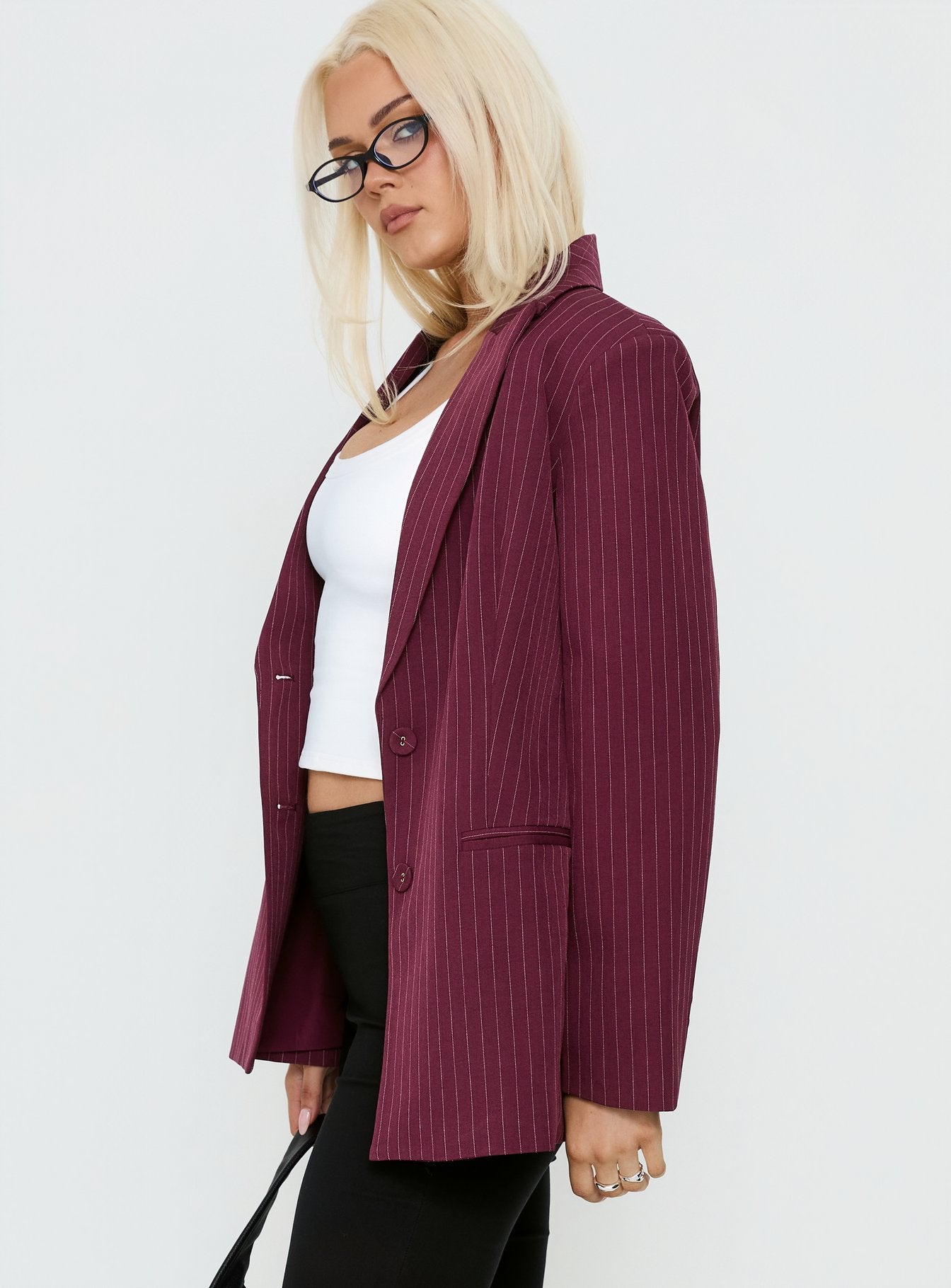Crowd Pleaser Pinstripe Oversized Blazer Burgundy Pinstripe