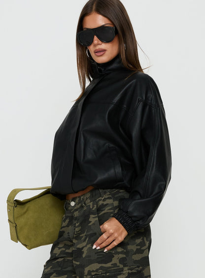 Dialtone Funnel Neck Faux Leather Jacket Black