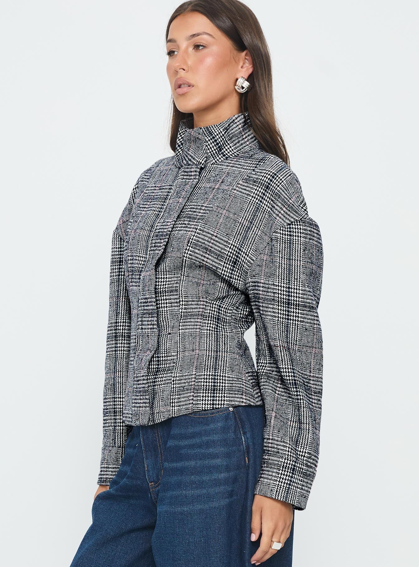 Cathrine Cinched High Neck Jacket Grey Plaid
