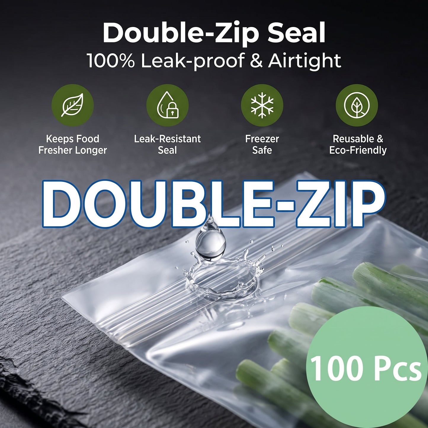 🥬 50/100PCS Reusable Long Food Storage Bags, Double-Zip Seal Freshness Bags for Kitchen