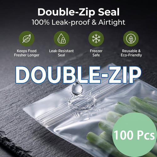 🥬 50/100PCS Reusable Long Food Storage Bags, Double-Zip Seal Freshness Bags for Kitchen