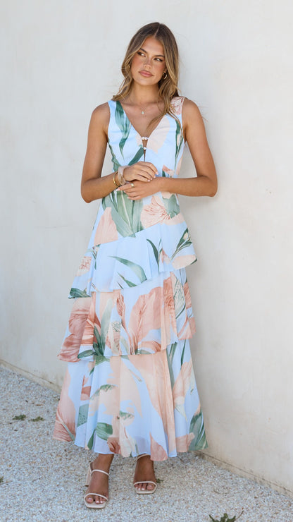 Reina Tiered Maxi Dress - Blue Floral