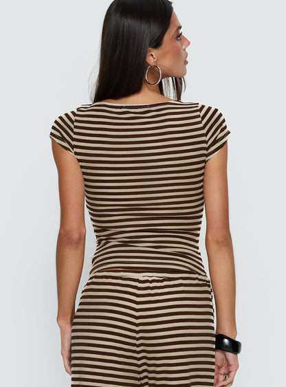 Angellina Jersey Button Down Top Chocolate / Cream Stripe