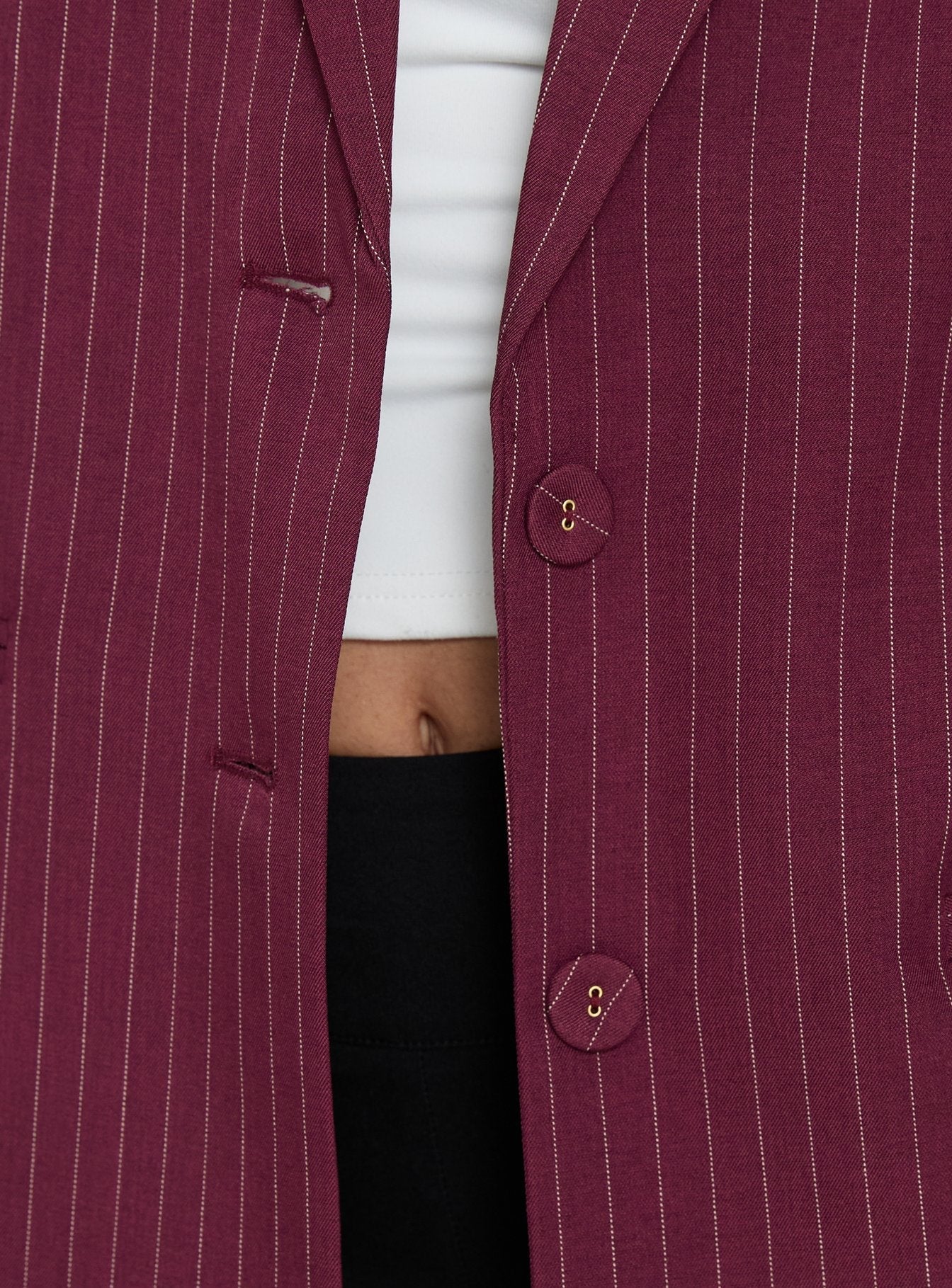 Crowd Pleaser Pinstripe Oversized Blazer Burgundy Pinstripe