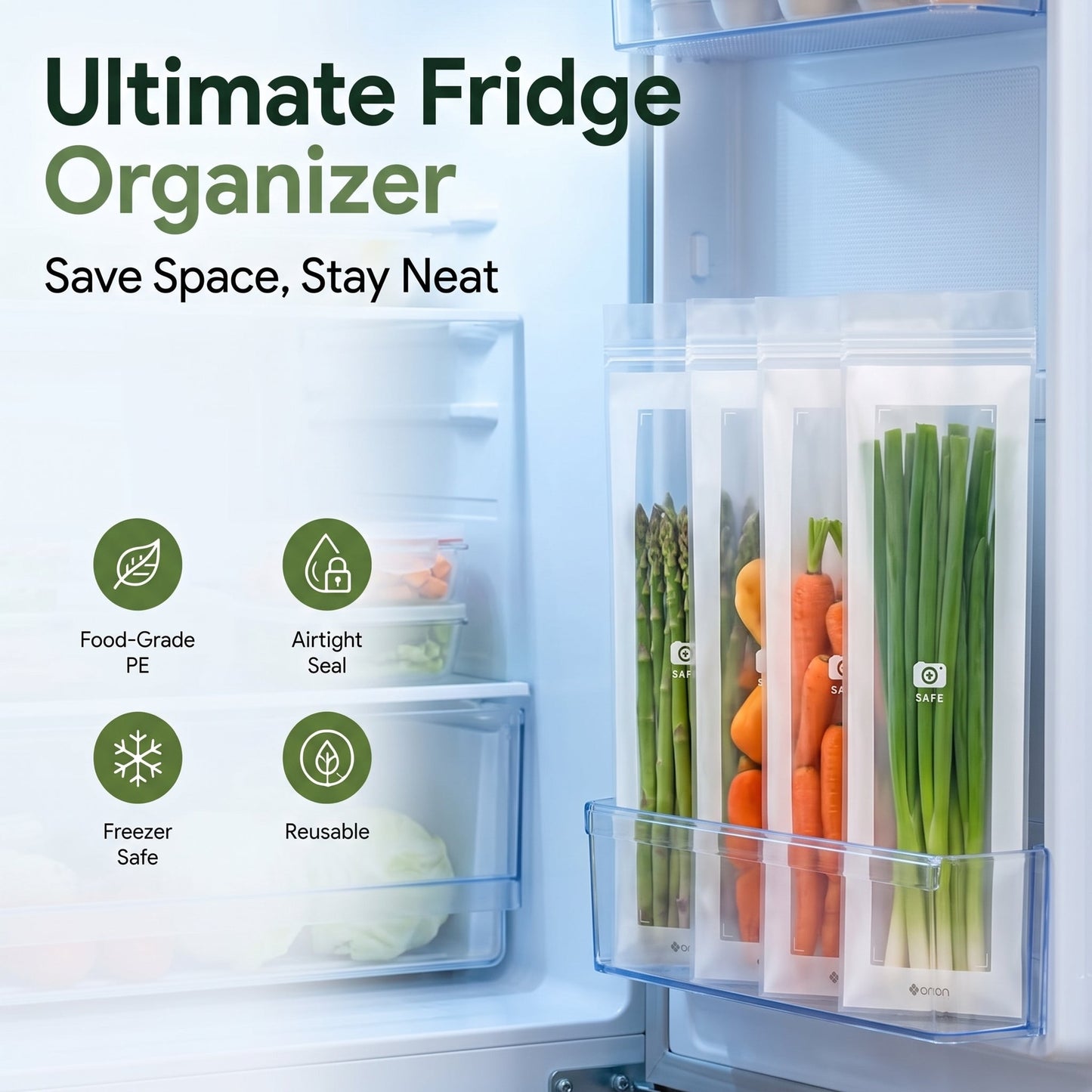 🥬 50/100PCS Reusable Long Food Storage Bags, Double-Zip Seal Freshness Bags for Kitchen