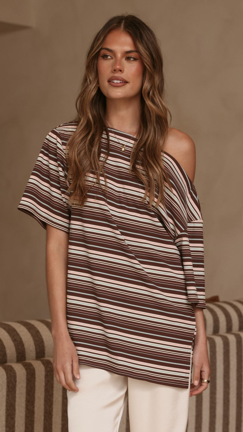 Pia One Shoulder Oversize Tee - Choc/Blue Stripe