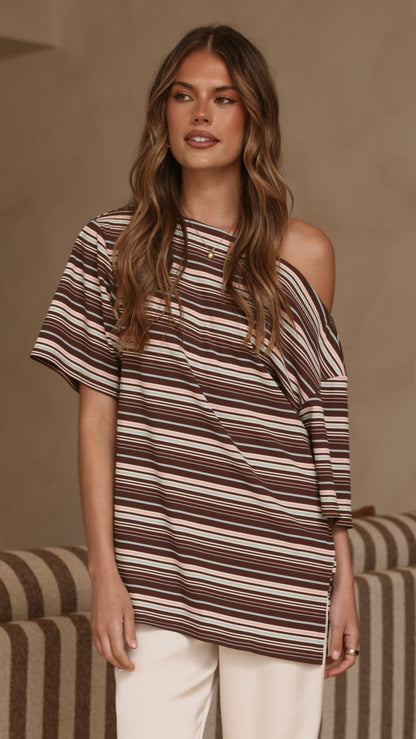 Pia One Shoulder Oversize Tee - Choc/Blue Stripe