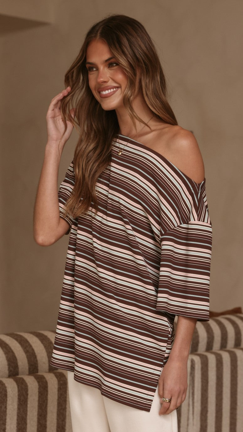 Pia One Shoulder Oversize Tee - Choc/Blue Stripe