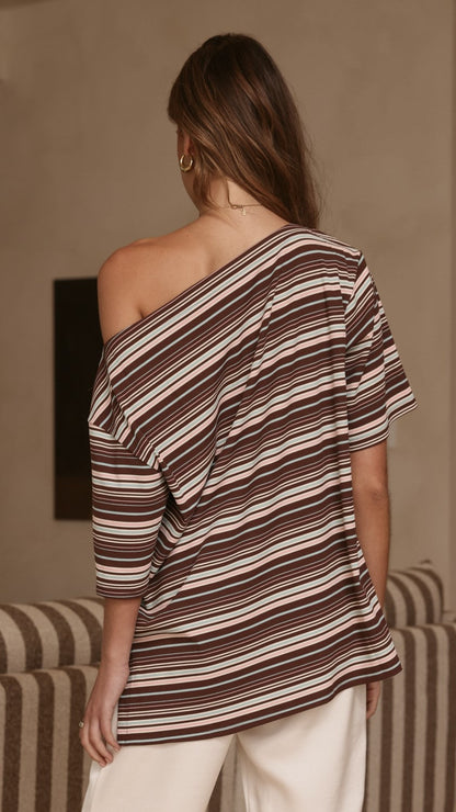 Pia One Shoulder Oversize Tee - Choc/Blue Stripe