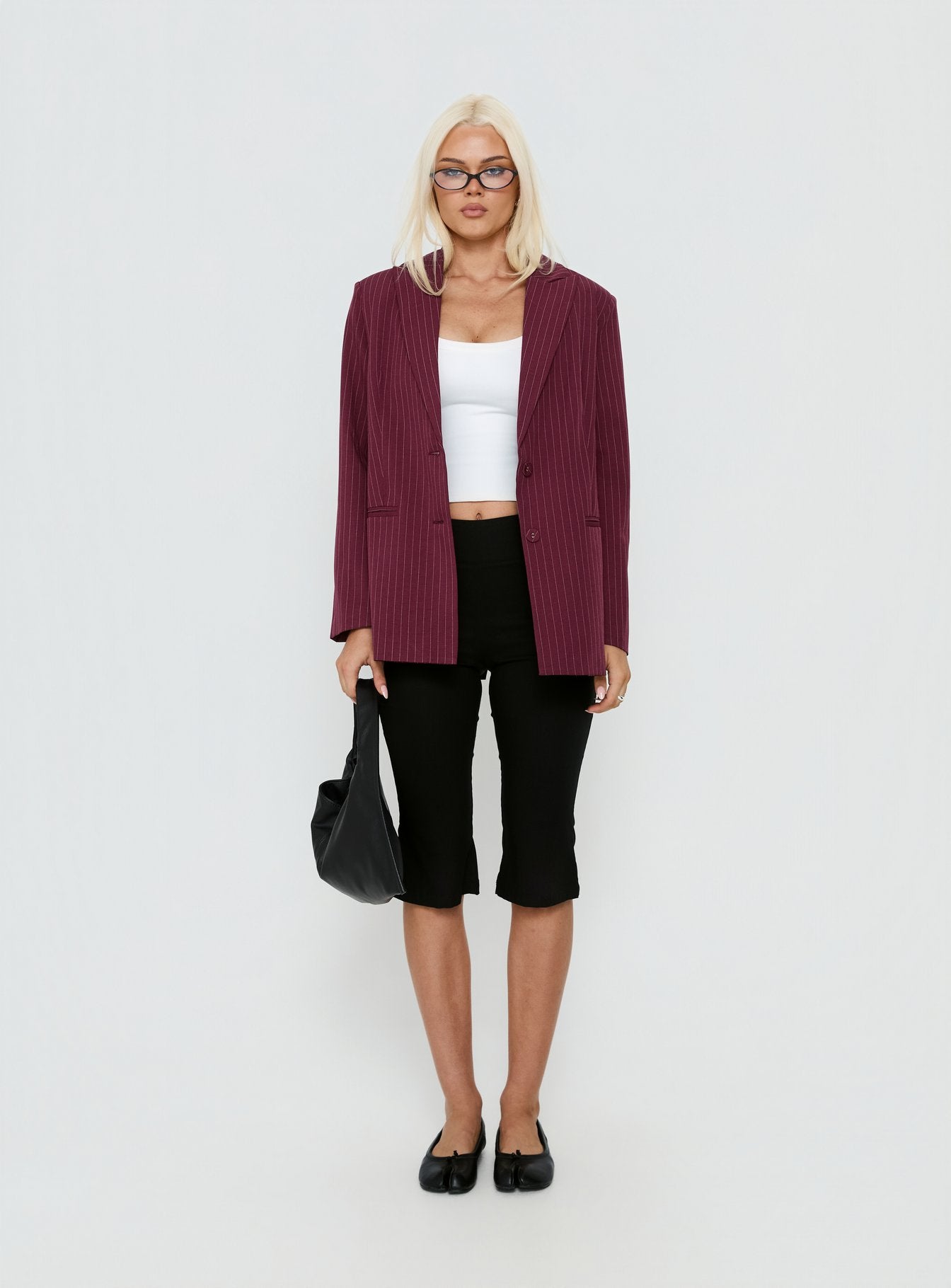 Crowd Pleaser Pinstripe Oversized Blazer Burgundy Pinstripe