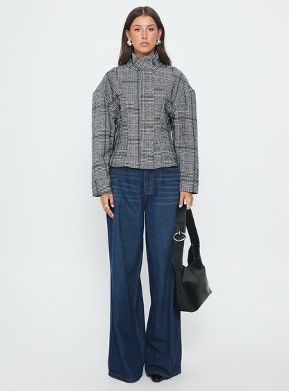 Cathrine Cinched High Neck Jacket Grey Plaid