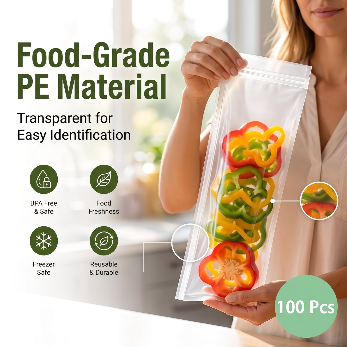 🥬 50/100PCS Reusable Long Food Storage Bags, Double-Zip Seal Freshness Bags for Kitchen