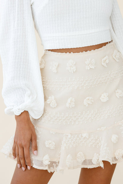 Savannah Floral Embellished Flounce Hem Mini Skirt Beige