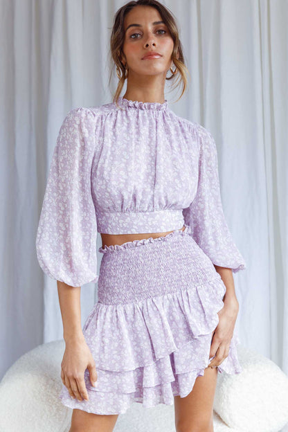 Whisked Away Shirred Waist Layered Mini Skirt Floral Print Lilac