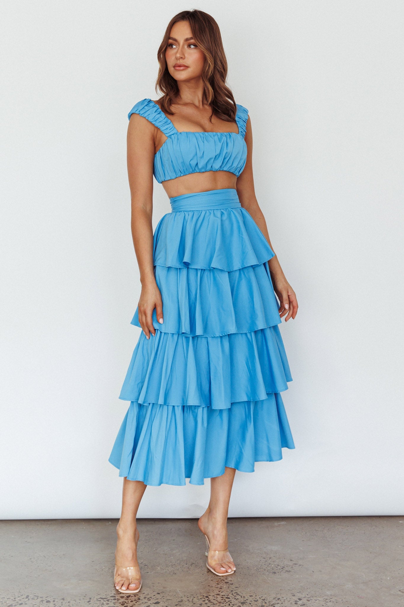 Suenito Tiered Frill Maxi Skirt Blue