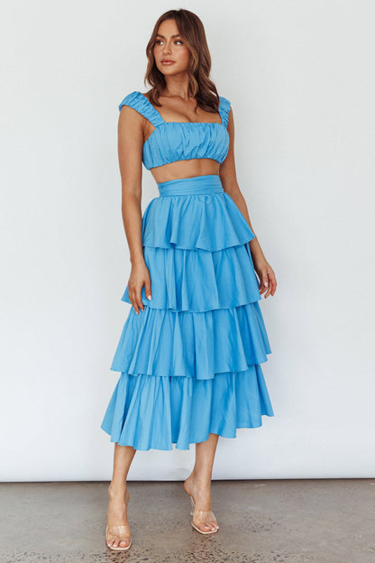 Suenito Tiered Frill Maxi Skirt Blue