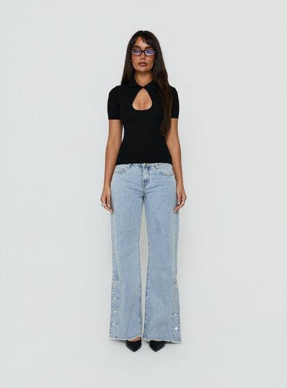 Dakoba Button Detail Mid Rise Straight Leg Jean Light Blue Wash