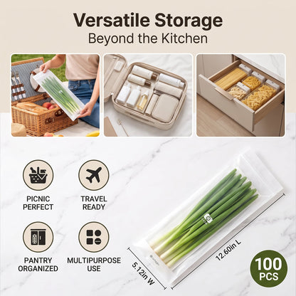 🥬 50/100PCS Reusable Long Food Storage Bags, Double-Zip Seal Freshness Bags for Kitchen