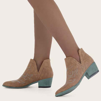 Embroidered V Cutout Western Ankle Boots Chunky Heel Booties