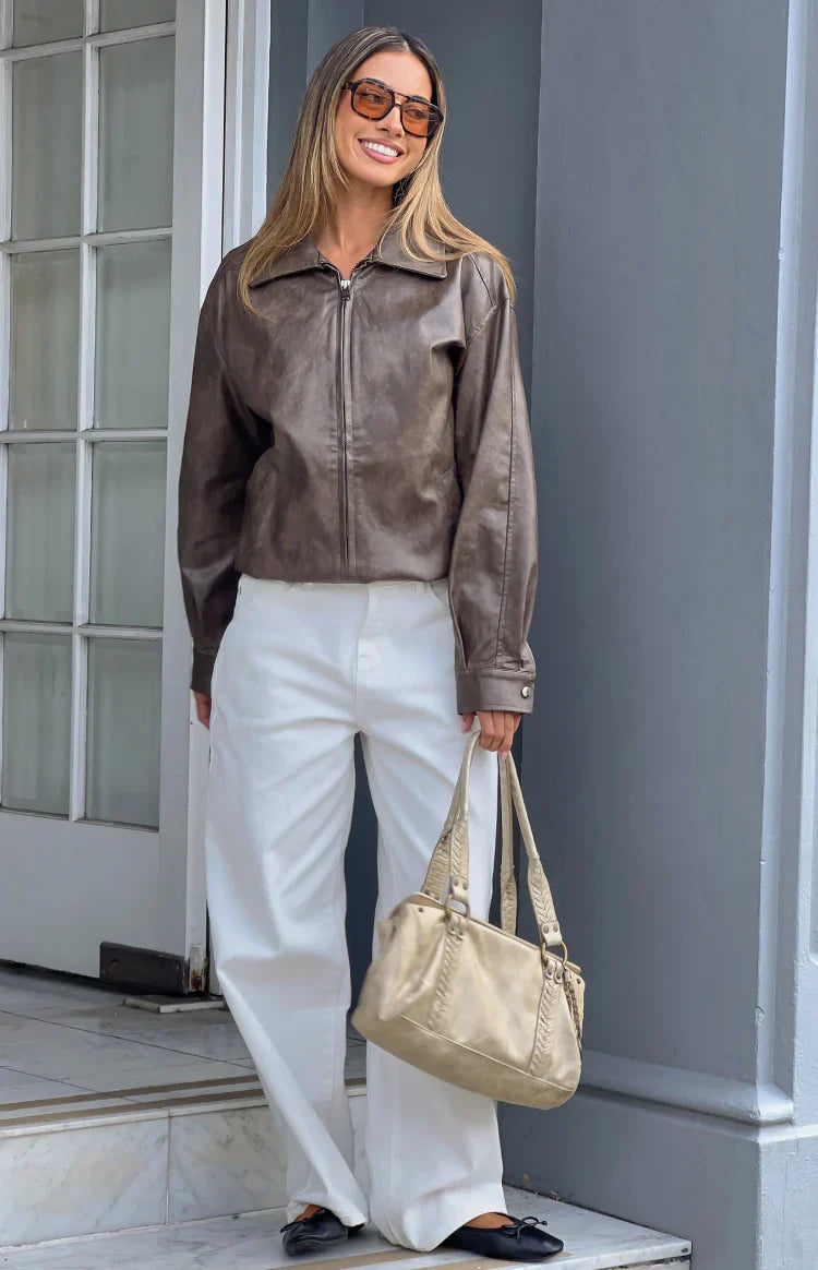 Abbi PU Vintage Brown Bomber Jacket