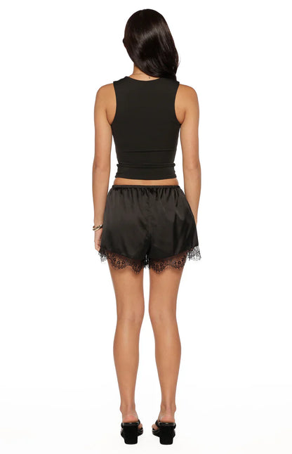 Agnes Black Lace Trim Satin Shorts