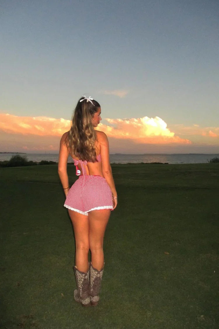 Arnie Red Gingham Broderie Lace Shorts