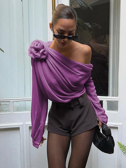 Chiffon Semi-Sheer One Shoulder Asymmetrical Blouse