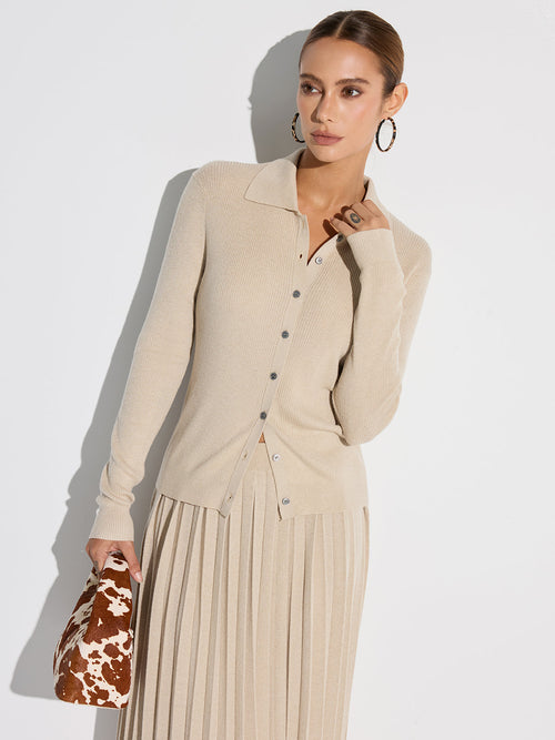 Ribbed Wool Blend Polo Collar Cardigan