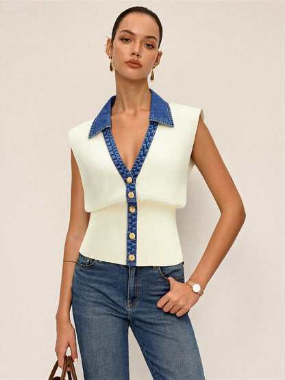 Denim Trim Metal Button Knit Vest
