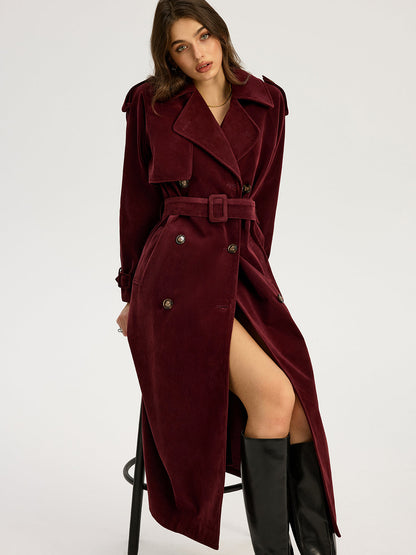 Belted Double-Breasted Suede Effect Long Trench Coat