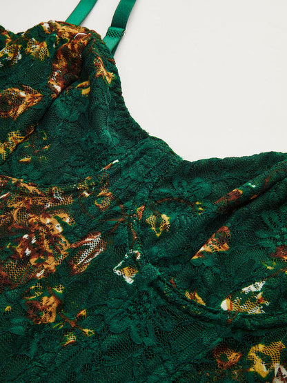 Floral Print Embroidery Bustier Corset Bodysuit