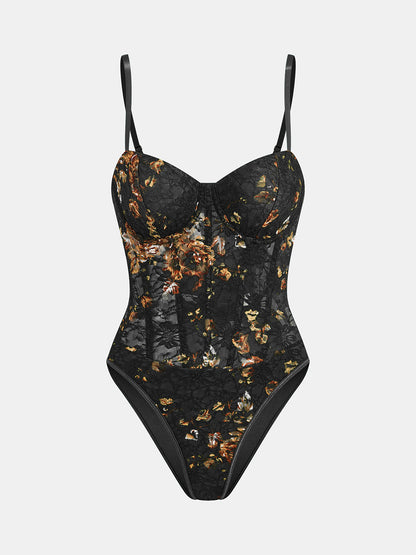 Floral Print Embroidery Bustier Corset Bodysuit