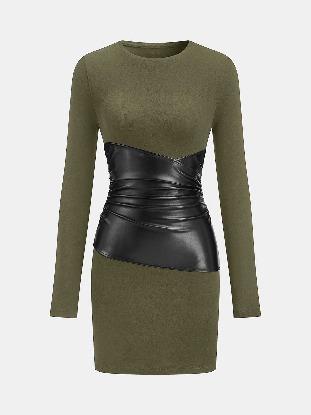 PU Leather Panel Long Sleeve Knit Dress