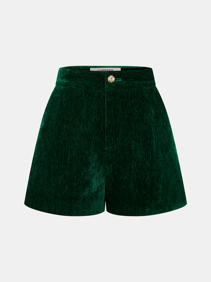 Velvet Metal-Button Mid-Waist Shorts