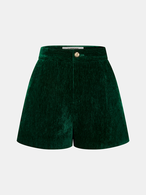 Velvet Metal-Button Mid-Waist Shorts