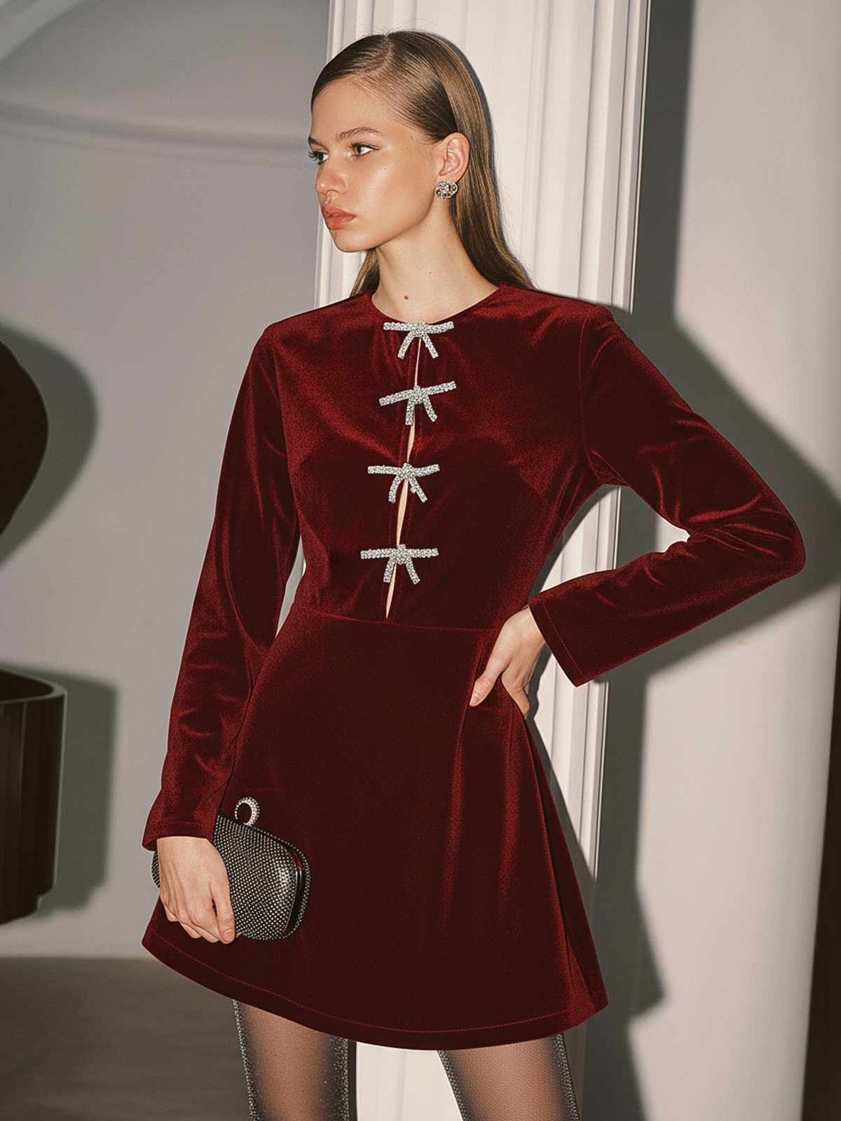 Crystal Bow Detail Velvet Mini Dress
