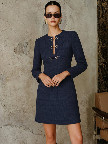 Metal Buckle Tweed Mini Dress