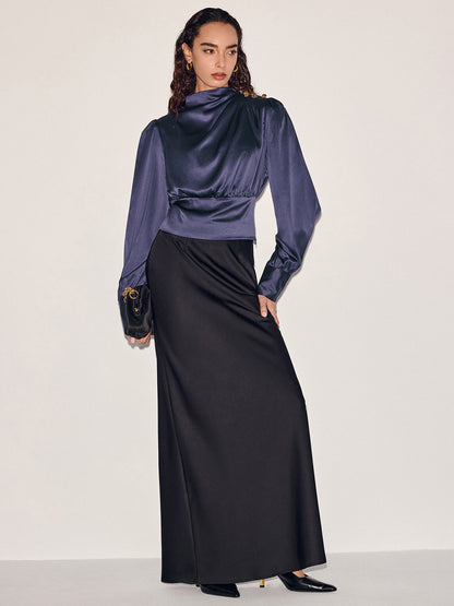 Satin Cinched-Waist Blouse with Metal Decor