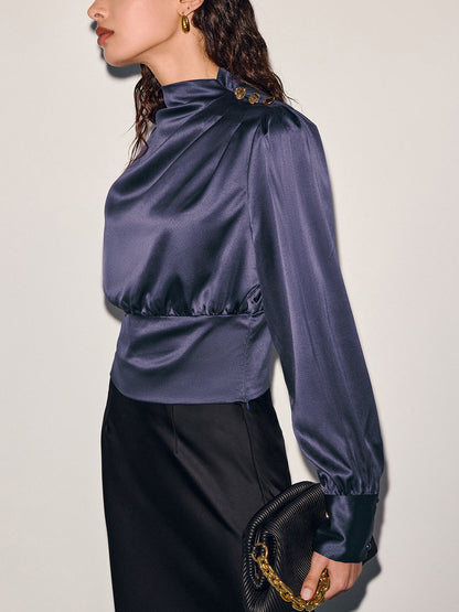 Satin Cinched-Waist Blouse with Metal Decor