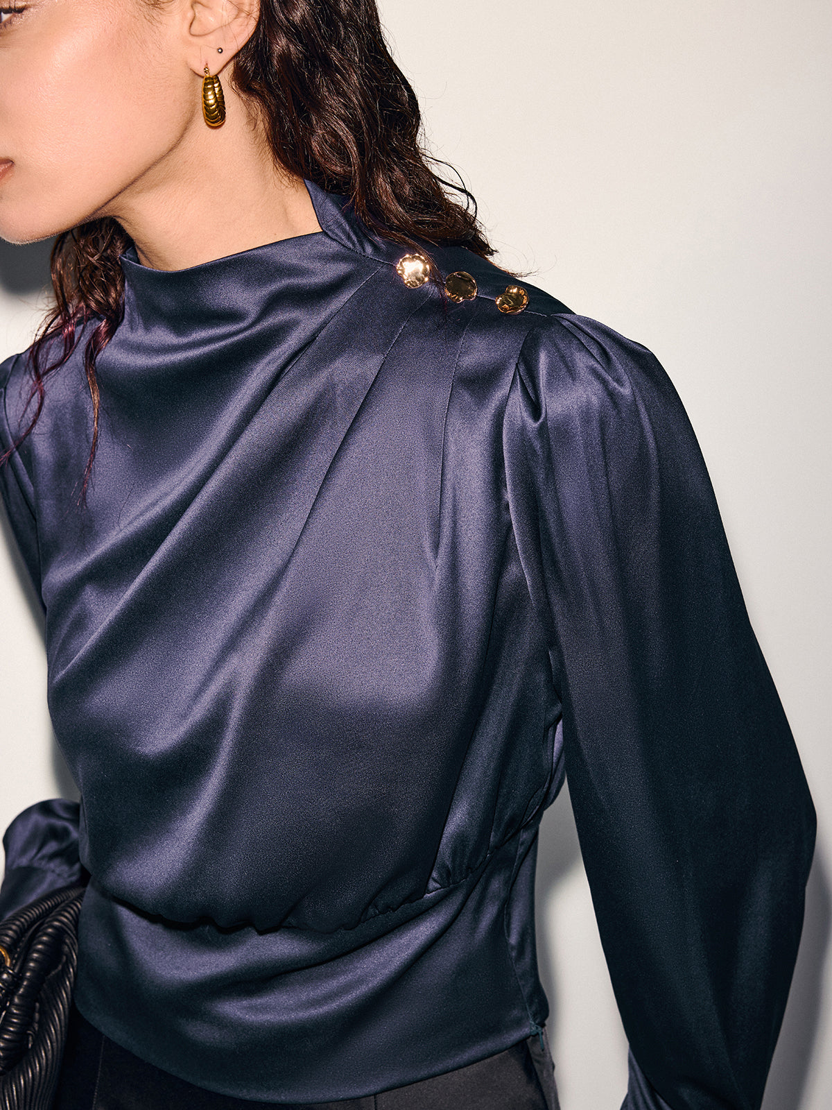 Satin Cinched-Waist Blouse with Metal Decor
