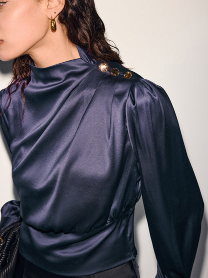 Satin Cinched-Waist Blouse with Metal Decor