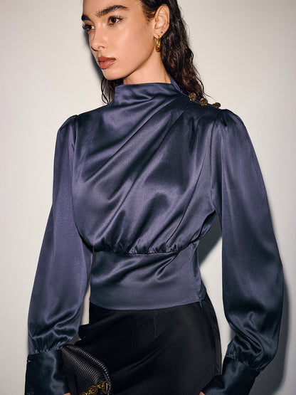 Satin Cinched-Waist Blouse with Metal Decor