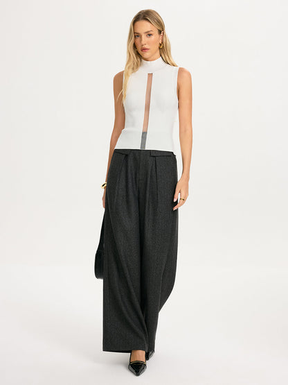 Sheer Panel Sleeveless Mock Neck Knit Top