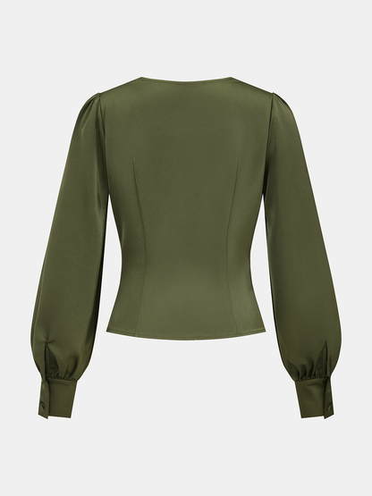Satin Cowl-Neck Long Sleeve Blouse