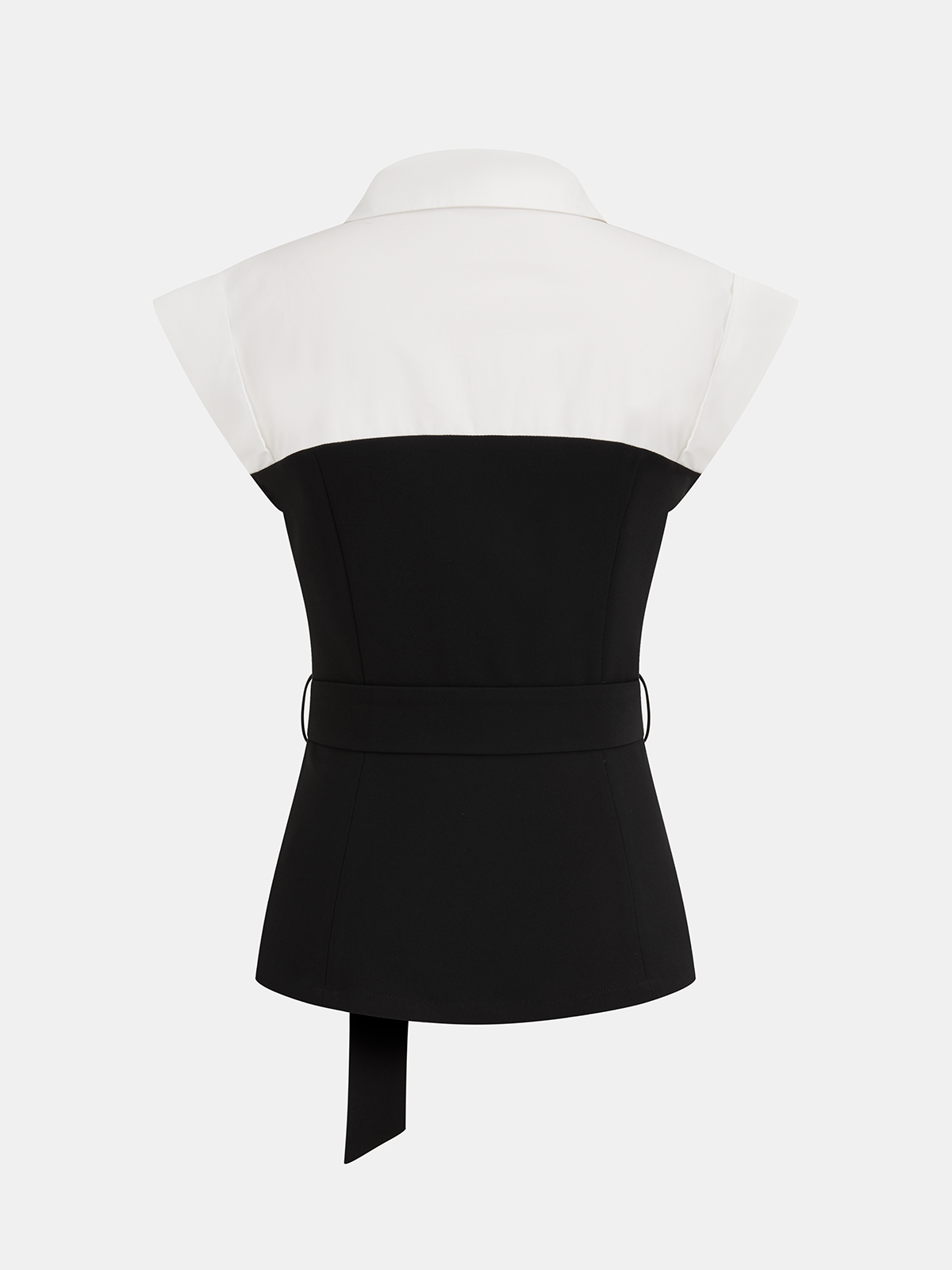 Collared Color Block Sleeveless Belted Blouse