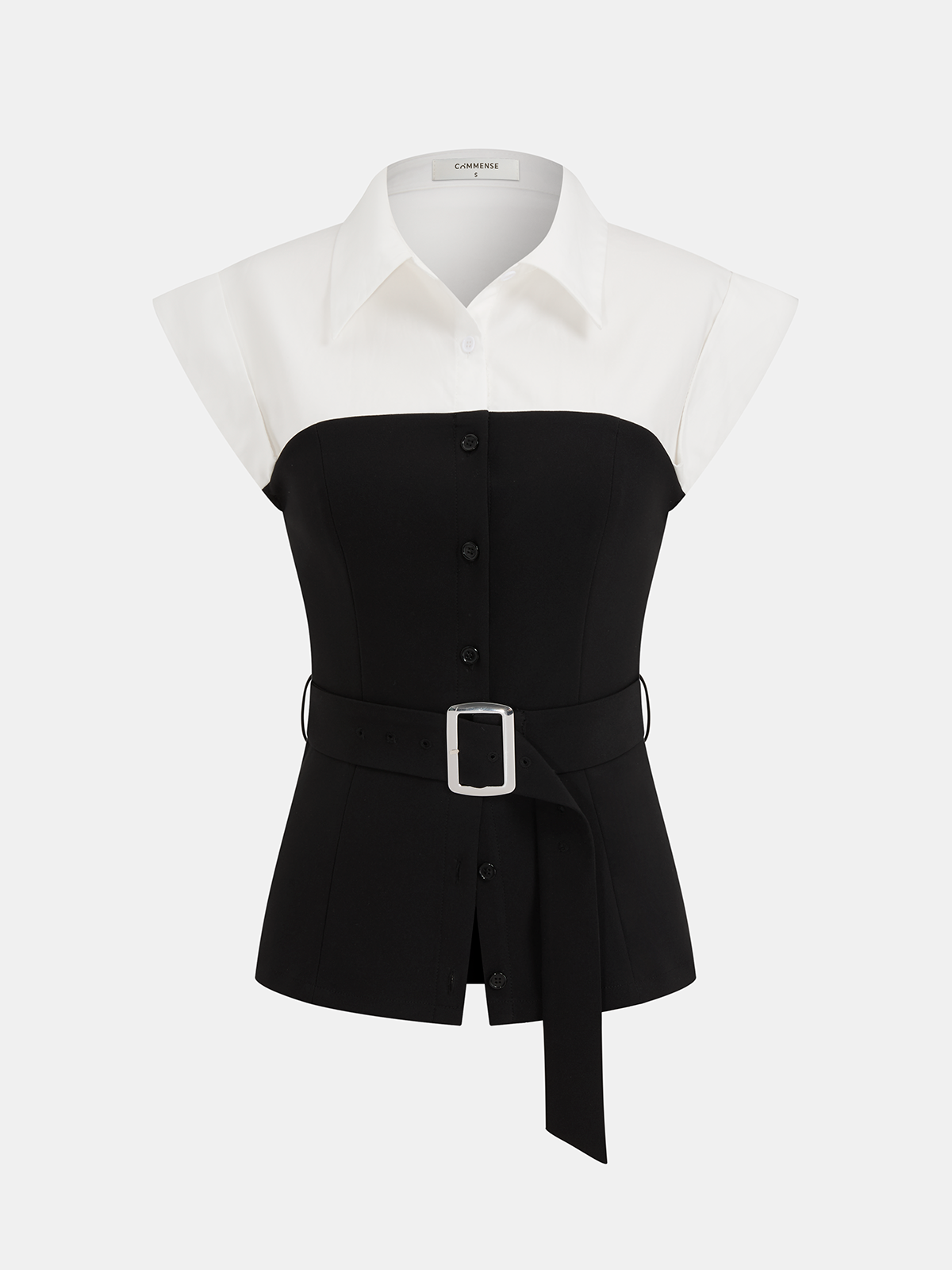 Collared Color Block Sleeveless Belted Blouse